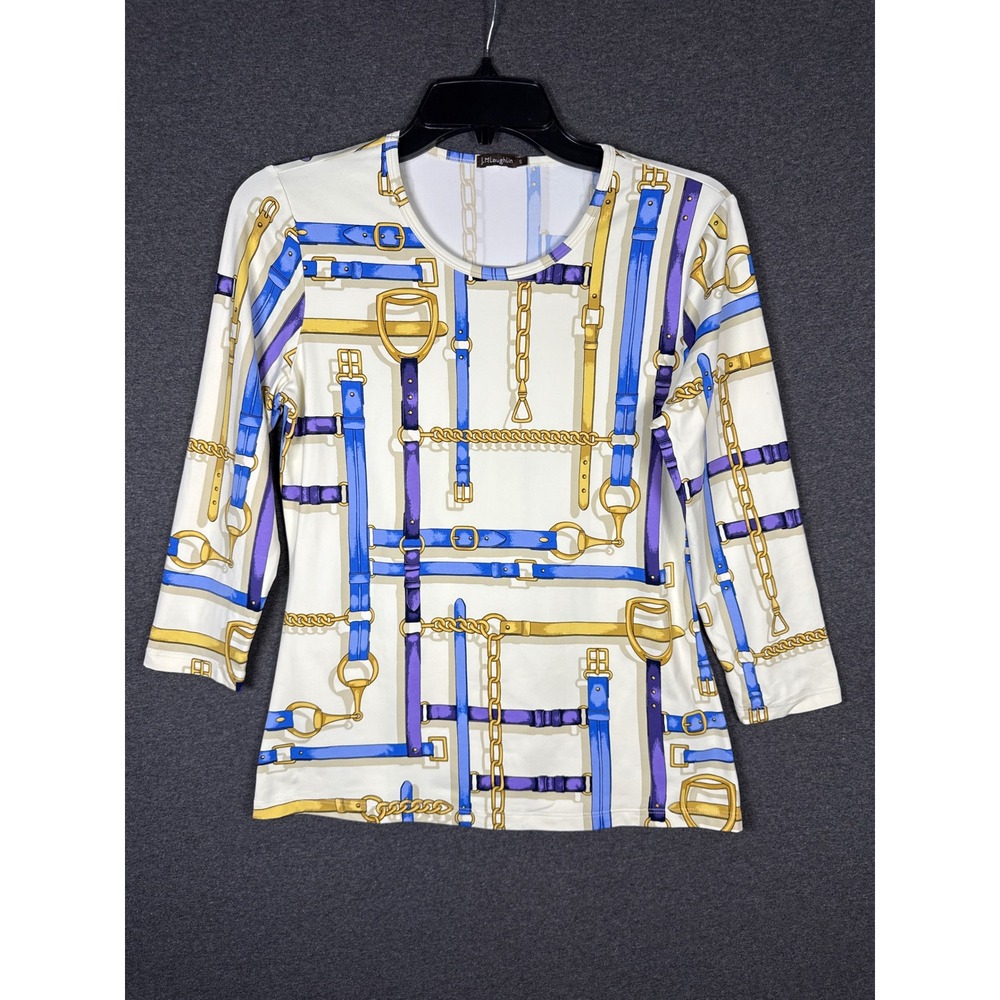 J.McLaughlin Womens Small Equestrian Belt Chain Print 3/4 Sleeve Top White Blue